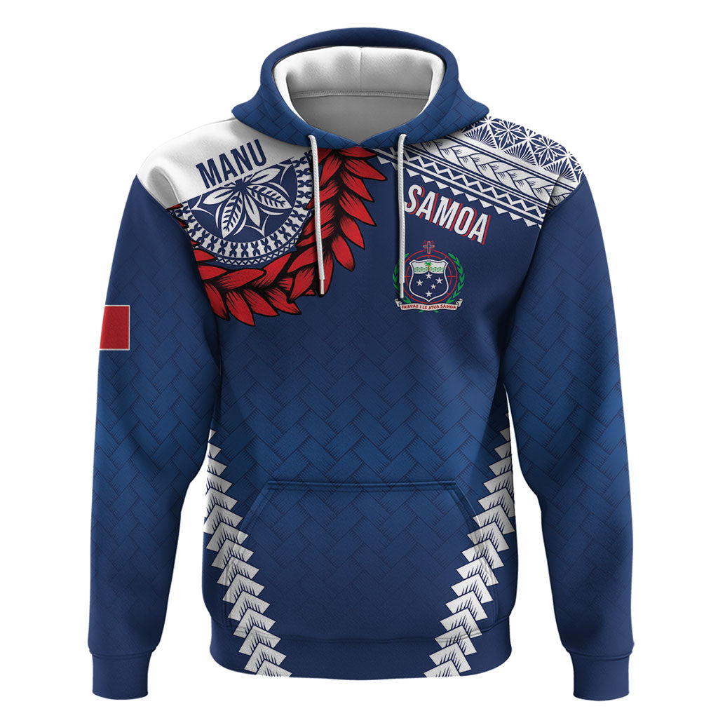Manu Samoa Rugby Custom Navy Blue Hoodie ʻIe Toga Pattern With Red Ula fala LT7 Pullover Hoodie Navy Blue - Polynesian Pride