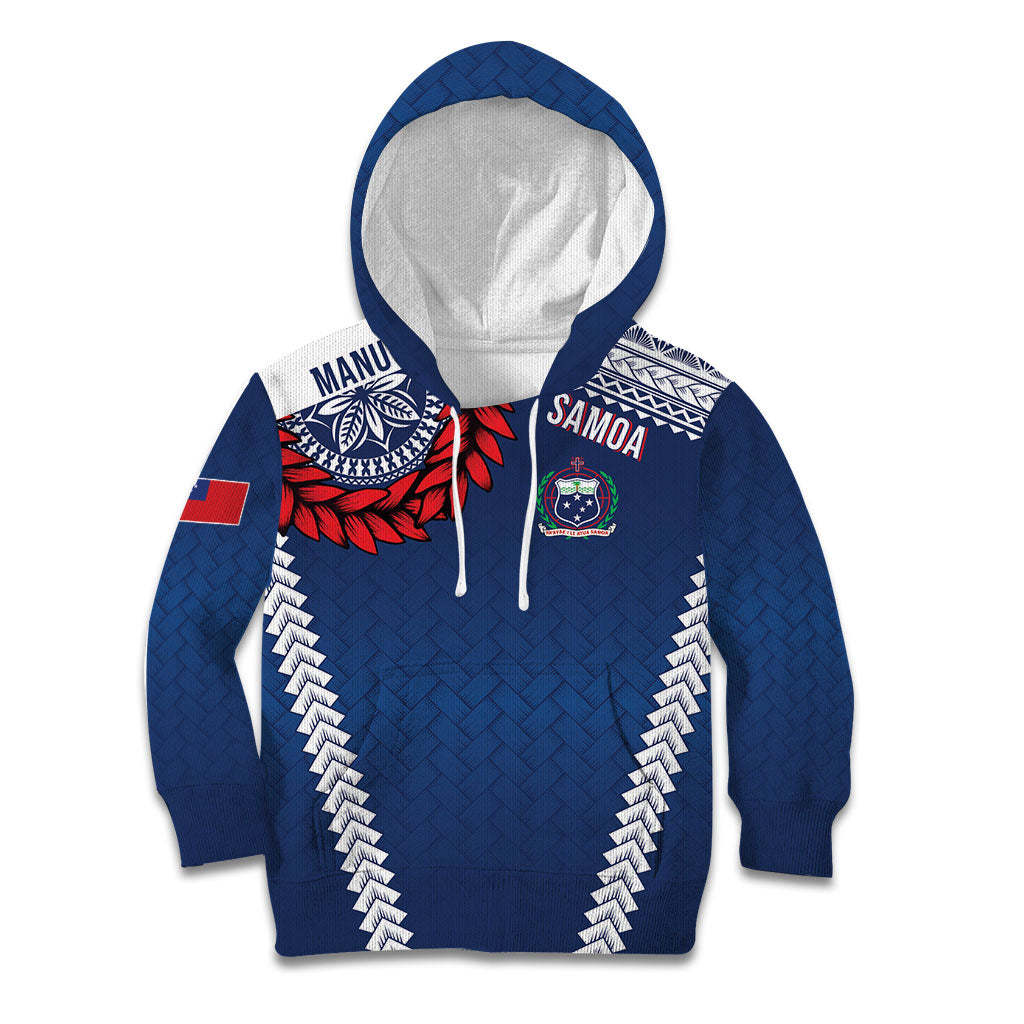 Manu Samoa Rugby Custom Navy Blue Kid Hoodie ʻIe Toga Pattern With Red Ula fala LT7 Hoodie Navy Blue - Polynesian Pride