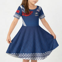 Manu Samoa Rugby Custom Navy Blue Kid Short Sleeve Dress ʻIe Toga Pattern With Red Ula fala LT7 KID Navy Blue - Polynesian Pride