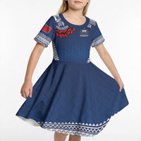 Manu Samoa Rugby Custom Navy Blue Kid Short Sleeve Dress ʻIe Toga Pattern With Red Ula fala LT7 - Polynesian Pride