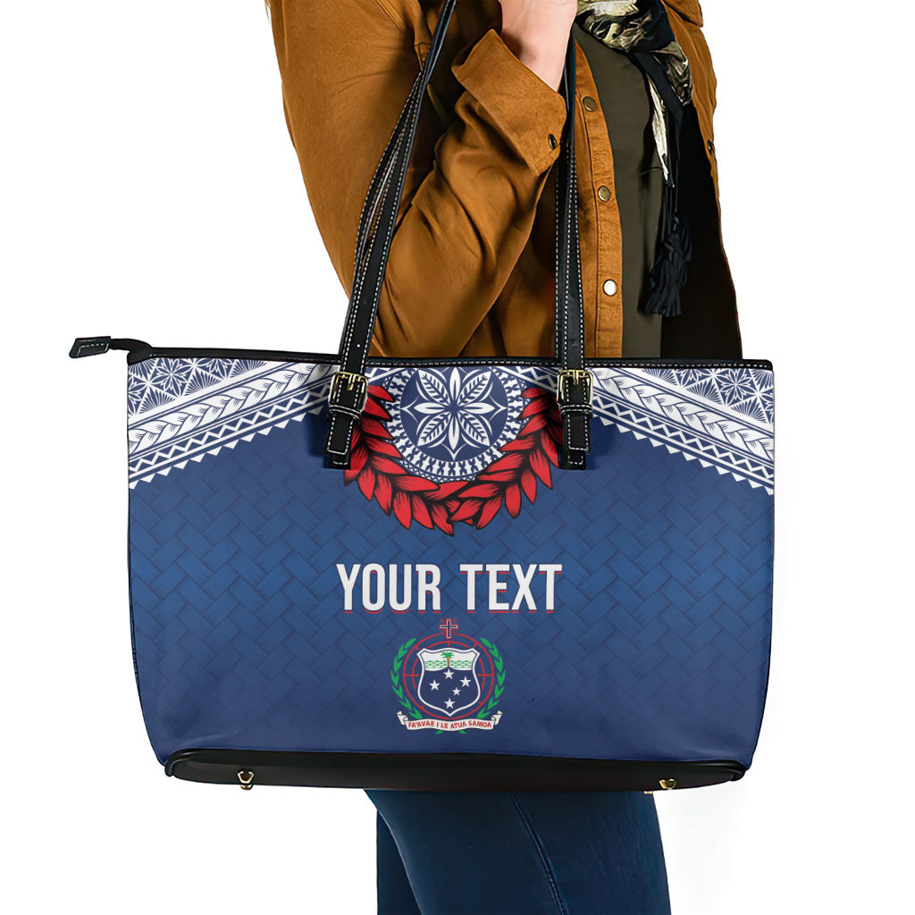 Manu Samoa Rugby Custom Navy Blue Leather Tote Bag ʻIe Toga Pattern With Red Ula fala LT7 - Polynesian Pride