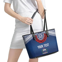 Manu Samoa Rugby Custom Navy Blue Leather Tote Bag ʻIe Toga Pattern With Red Ula fala LT7 - Polynesian Pride