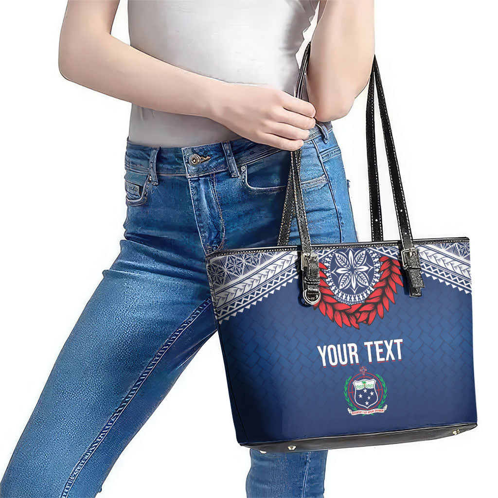 Manu Samoa Rugby Custom Navy Blue Leather Tote Bag ʻIe Toga Pattern With Red Ula fala LT7 - Polynesian Pride