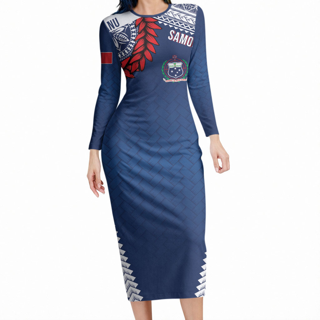 Manu Samoa Rugby Custom Navy Blue Long Sleeve Bodycon Dress ʻIe Toga Pattern With Red Ula fala LT7 Long Dress Navy Blue - Polynesian Pride