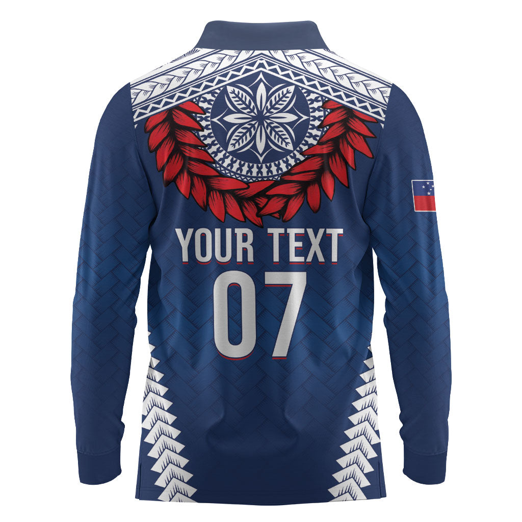 Manu Samoa Rugby Custom Navy Blue Long Sleeve Polo Shirt ʻIe Toga Pattern With Red Ula fala LT7 - Polynesian Pride