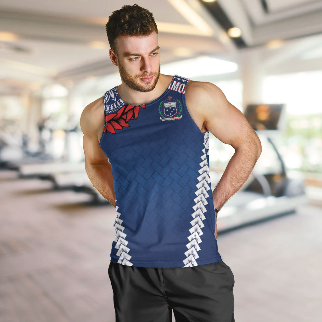 Manu Samoa Rugby Custom Navy Blue Men Tank Top ʻIe Toga Pattern With Red Ula fala LT7 Navy Blue - Polynesian Pride