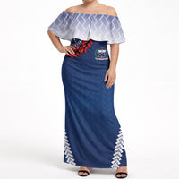 Manu Samoa Rugby Custom Navy Blue Off Shoulder Maxi Dress ʻIe Toga Pattern With Red Ula fala LT7 Women Navy Blue - Polynesian Pride