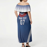Manu Samoa Rugby Custom Navy Blue Off Shoulder Maxi Dress ʻIe Toga Pattern With Red Ula fala LT7 - Polynesian Pride