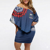 Manu Samoa Rugby Custom Navy Blue Off Shoulder Short Dress ʻIe Toga Pattern With Red Ula fala LT7 Women Navy Blue - Polynesian Pride