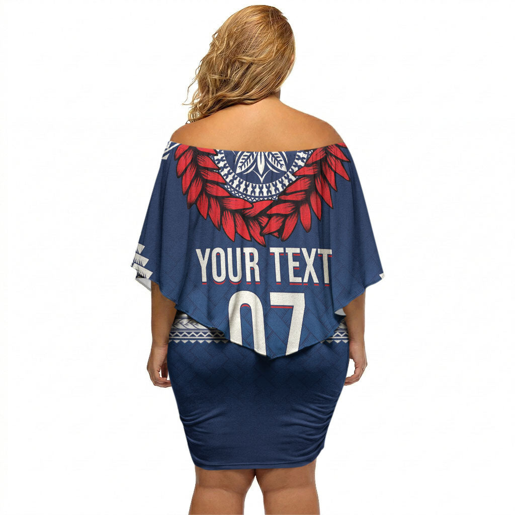 Manu Samoa Rugby Custom Navy Blue Off Shoulder Short Dress ʻIe Toga Pattern With Red Ula fala LT7 - Polynesian Pride