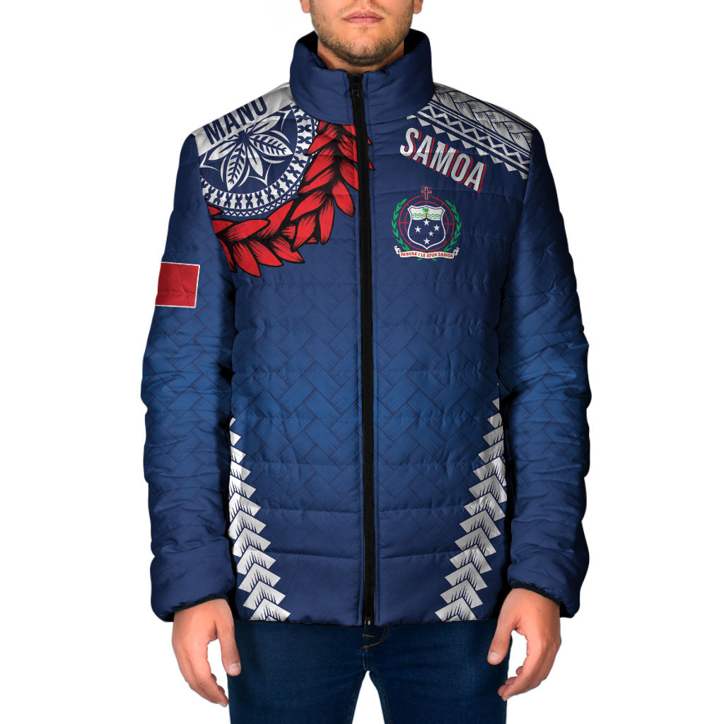 Manu Samoa Rugby Custom Navy Blue Padded Jacket ʻIe Toga Pattern With Red Ula fala LT7 Men Navy Blue - Polynesian Pride