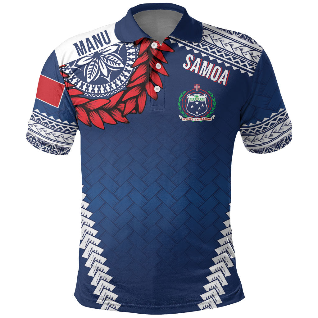 Manu Samoa Rugby Custom Navy Blue Polo Shirt ʻIe Toga Pattern With Red Ula fala LT7 Navy Blue - Polynesian Pride