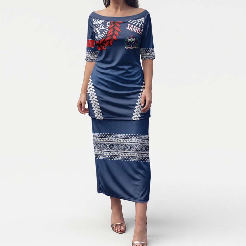Manu Samoa Rugby Custom Navy Blue Puletasi ʻIe Toga Pattern With Red Ula fala LT7 Long Dress Navy Blue - Polynesian Pride