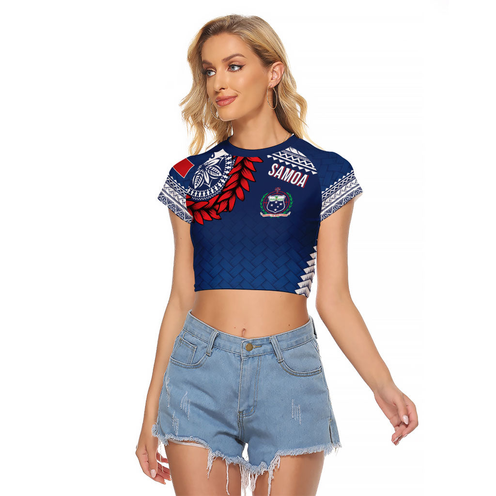 Manu Samoa Rugby Custom Navy Blue Raglan Cropped T Shirt ʻIe Toga Pattern With Red Ula fala LT7 Female Navy Blue - Polynesian Pride