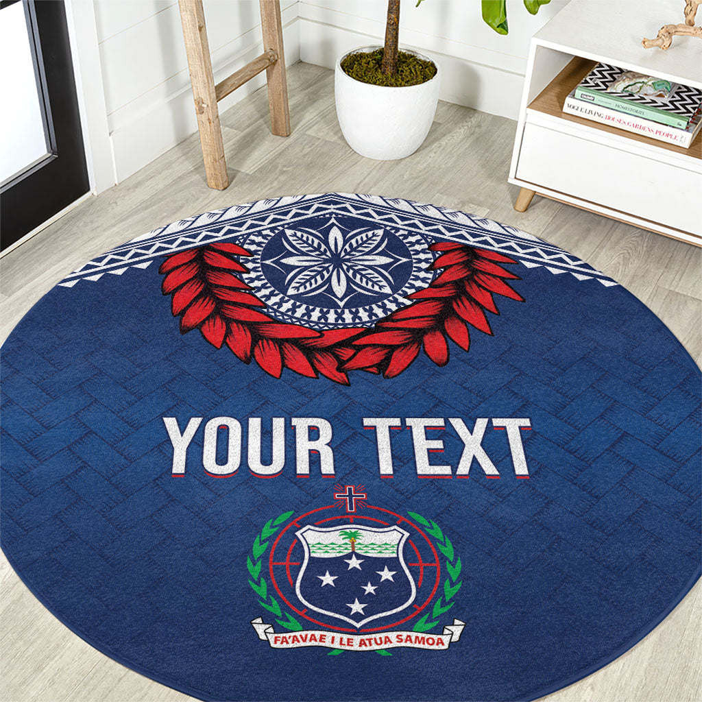 Manu Samoa Rugby Custom Navy Blue Round Carpet ʻIe Toga Pattern With Red Ula fala LT7 Navy Blue - Polynesian Pride