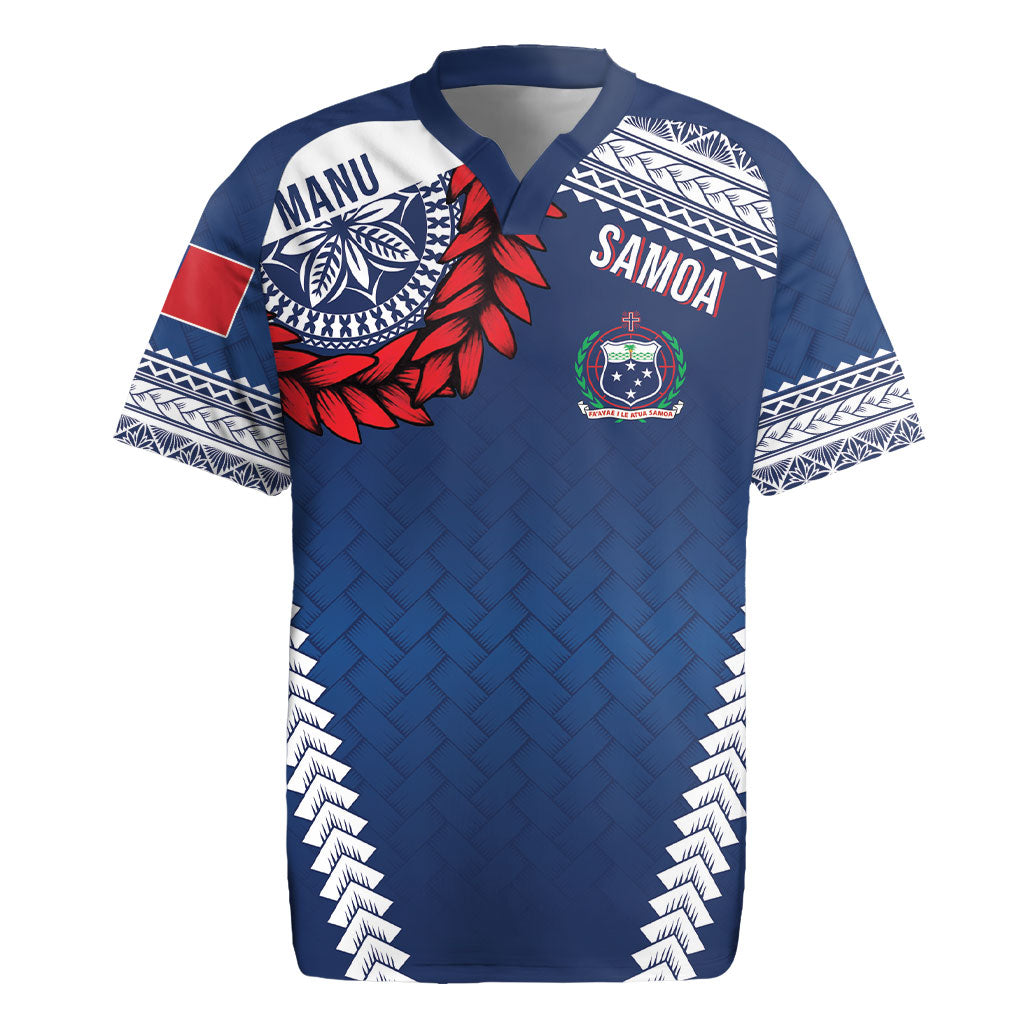 Manu Samoa Rugby Custom Navy Blue Rugby Jersey ʻIe Toga Pattern With Red Ula fala LT7 Navy Blue - Polynesian Pride