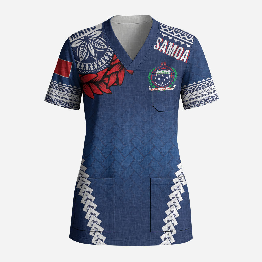Manu Samoa Rugby Custom Navy Blue Scrub Top ʻIe Toga Pattern With Red Ula fala LT7 Adult Navy Blue - Polynesian Pride
