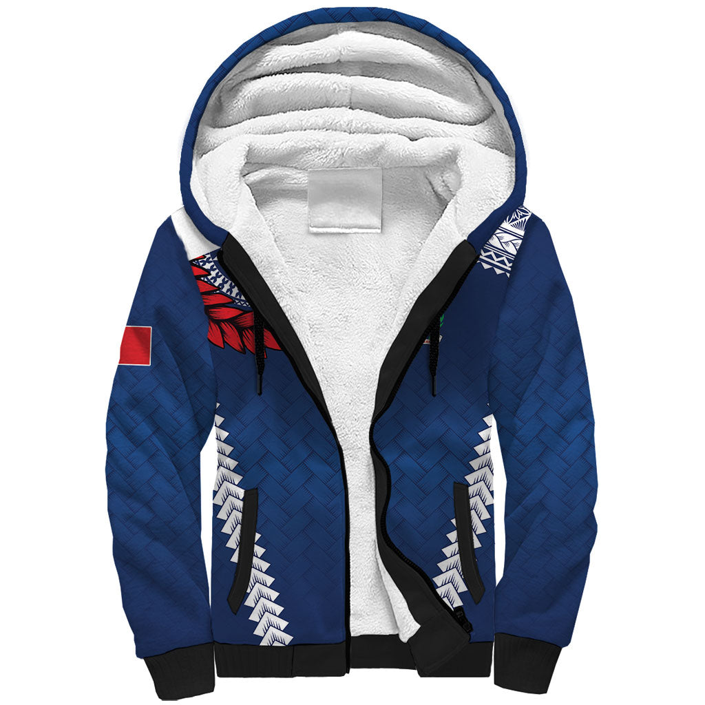 Manu Samoa Rugby Custom Navy Blue Sherpa Hoodie ʻIe Toga Pattern With Red Ula fala LT7 Unisex Navy Blue - Polynesian Pride