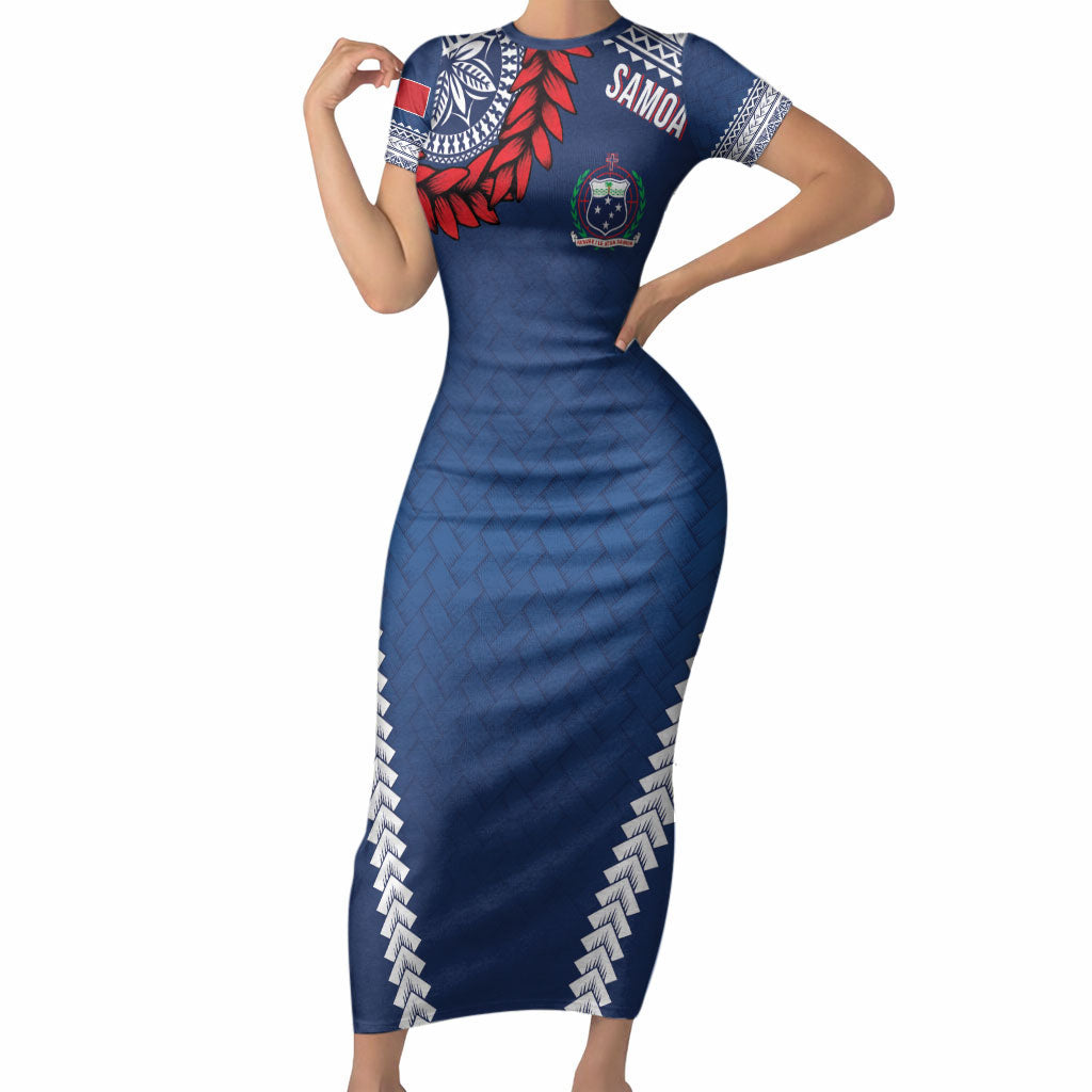 Manu Samoa Rugby Custom Navy Blue Short Sleeve Bodycon Dress ʻIe Toga Pattern With Red Ula fala LT7 Long Dress Navy Blue - Polynesian Pride