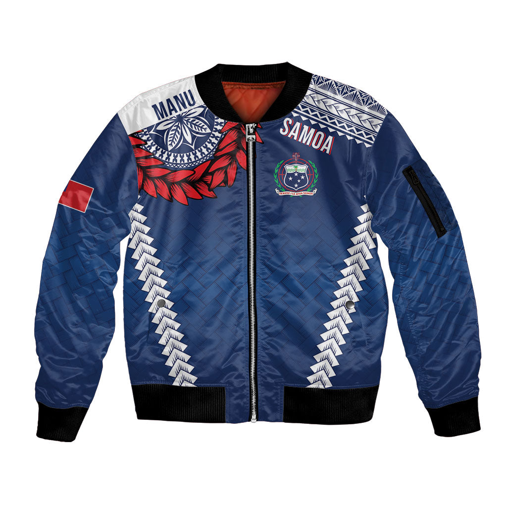 Manu Samoa Rugby Custom Navy Blue Sleeve Zip Bomber Jacket ʻIe Toga Pattern With Red Ula fala LT7 Unisex Navy Blue - Polynesian Pride