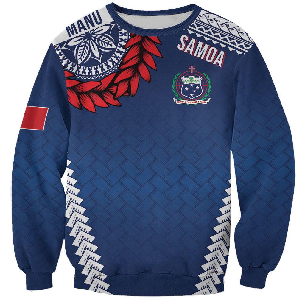 Manu Samoa Rugby Custom Navy Blue Sweatshirt ʻIe Toga Pattern With Red Ula fala LT7 Unisex Navy Blue - Polynesian Pride