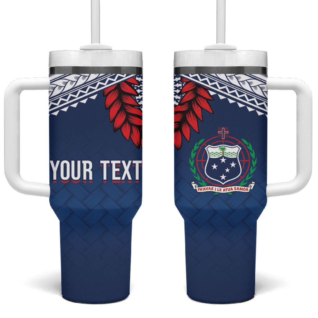 Manu Samoa Rugby Custom Navy Blue Tumbler With Handle ʻIe Toga Pattern With Red Ula fala LT7 One Size: 40 oz Navy Blue - Polynesian Pride