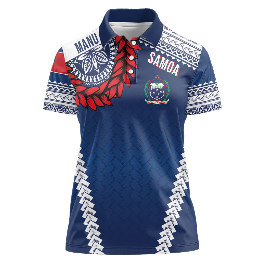 Manu Samoa Rugby Custom Navy Blue Women Polo Shirt ʻIe Toga Pattern With Red Ula fala