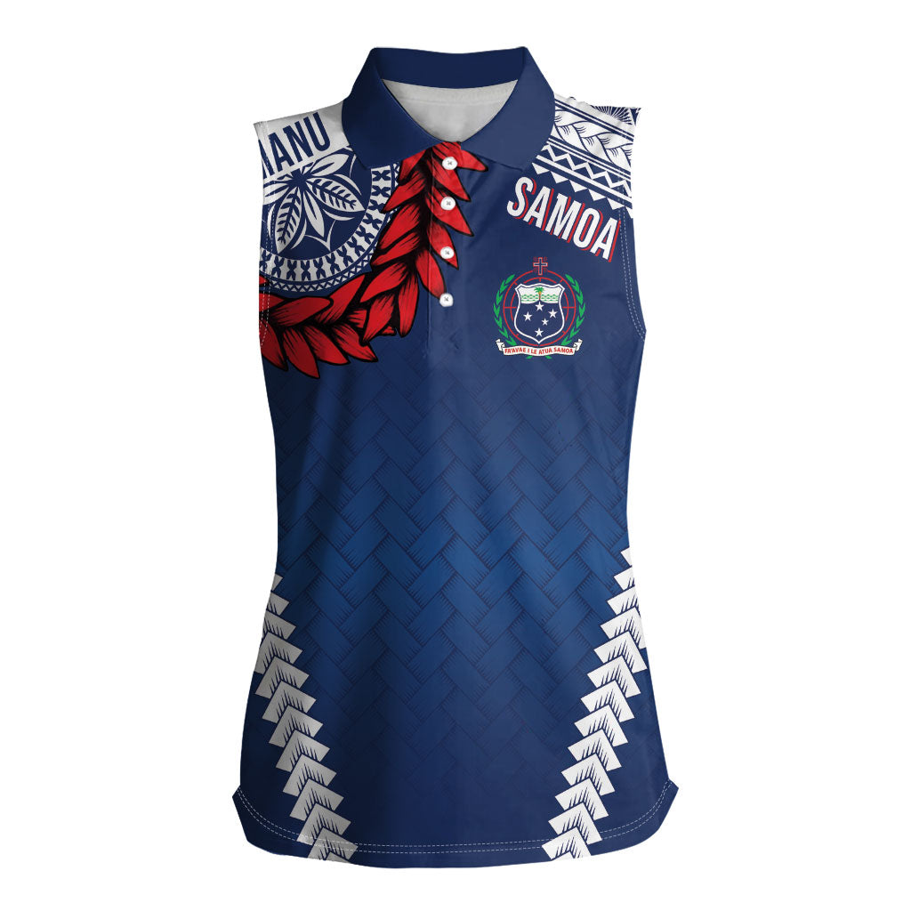 Manu Samoa Rugby Custom Navy Blue Women Sleeveless Polo Shirt ʻIe Toga Pattern With Red Ula fala LT7 Female Navy Blue - Polynesian Pride