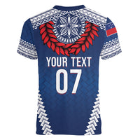 Manu Samoa Rugby Custom Navy Blue Women V-Neck T-Shirt ʻIe Toga Pattern With Red Ula fala LT7 - Polynesian Pride