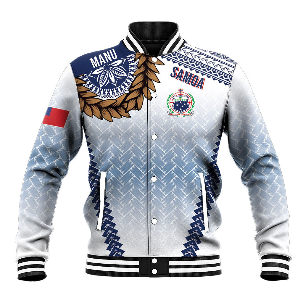 Manu Samoa Rugby Custom White Baseball Jacket ʻIe Toga Pattern With Brown Ula fala LT7 Unisex White - Polynesian Pride