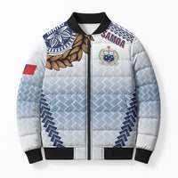 Manu Samoa Rugby Custom White Bomber Puffer Jacket ʻIe Toga Pattern With Brown Ula fala LT7 Unisex White - Polynesian Pride