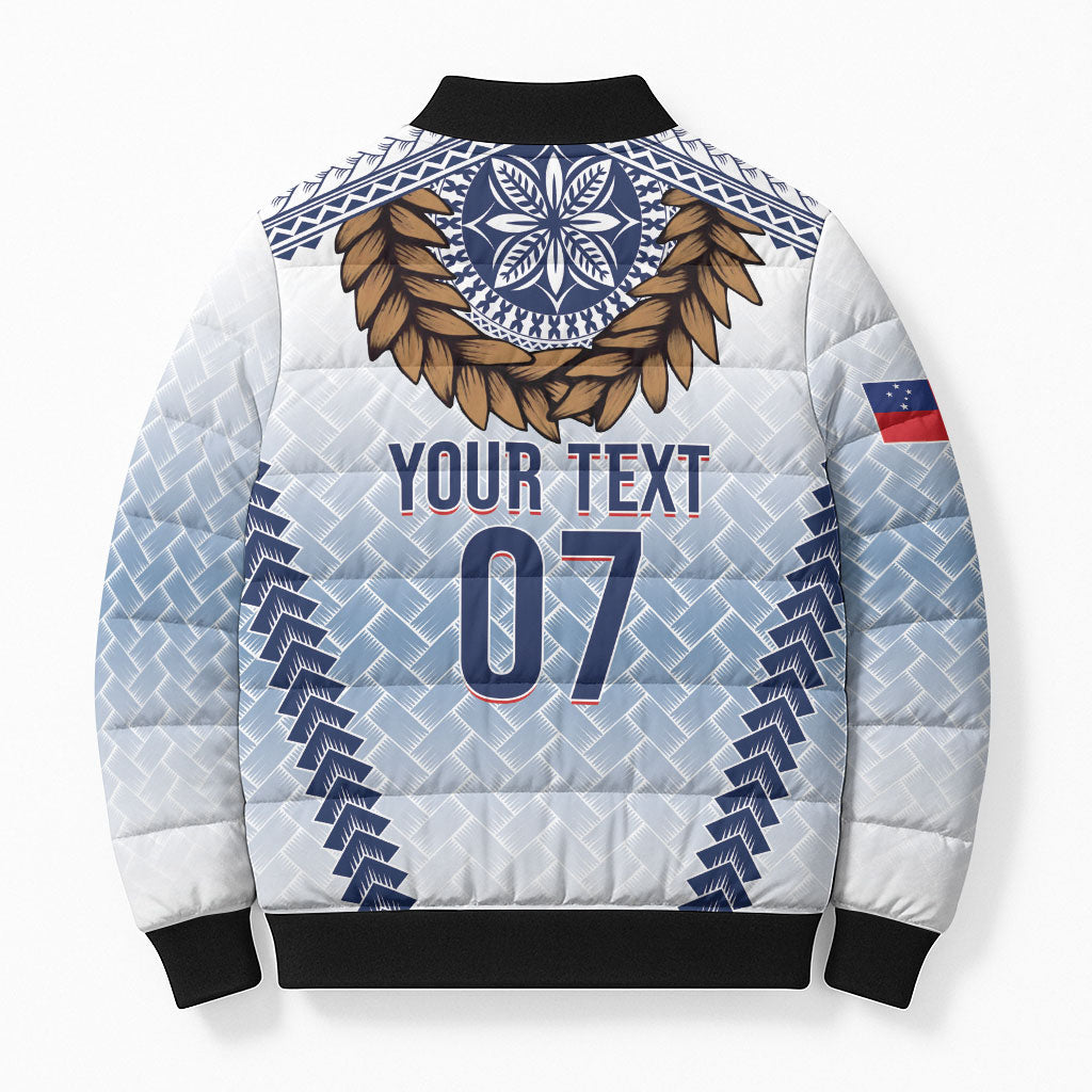 Manu Samoa Rugby Custom White Bomber Puffer Jacket ʻIe Toga Pattern With Brown Ula fala LT7 - Polynesian Pride