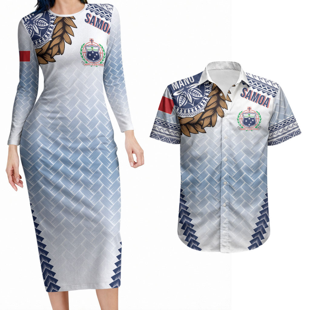 Manu Samoa Rugby Custom White Couples Matching Long Sleeve Bodycon Dress and Hawaiian Shirt ʻIe Toga Pattern With Brown Ula fala LT7 White - Polynesian Pride