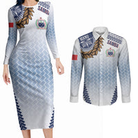 Manu Samoa Rugby Custom White Couples Matching Long Sleeve Bodycon Dress and Long Sleeve Button Shirt ʻIe Toga Pattern With Brown Ula fala LT7 White - Polynesian Pride