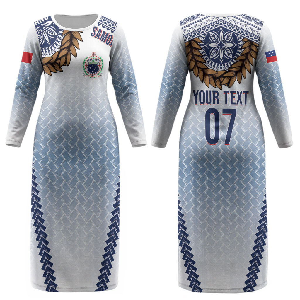Manu Samoa Rugby Custom White Couples Matching Long Sleeve Bodycon Dress and Long Sleeve Button Shirt ʻIe Toga Pattern With Brown Ula fala LT7 - Polynesian Pride