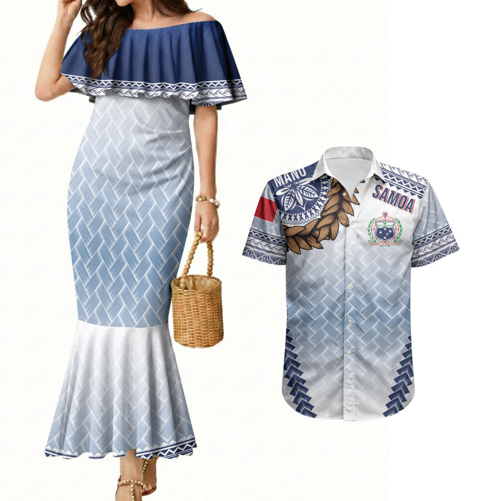 Manu Samoa Rugby Custom White Couples Matching Mermaid Dress and Hawaiian Shirt ʻIe Toga Pattern With Brown Ula fala