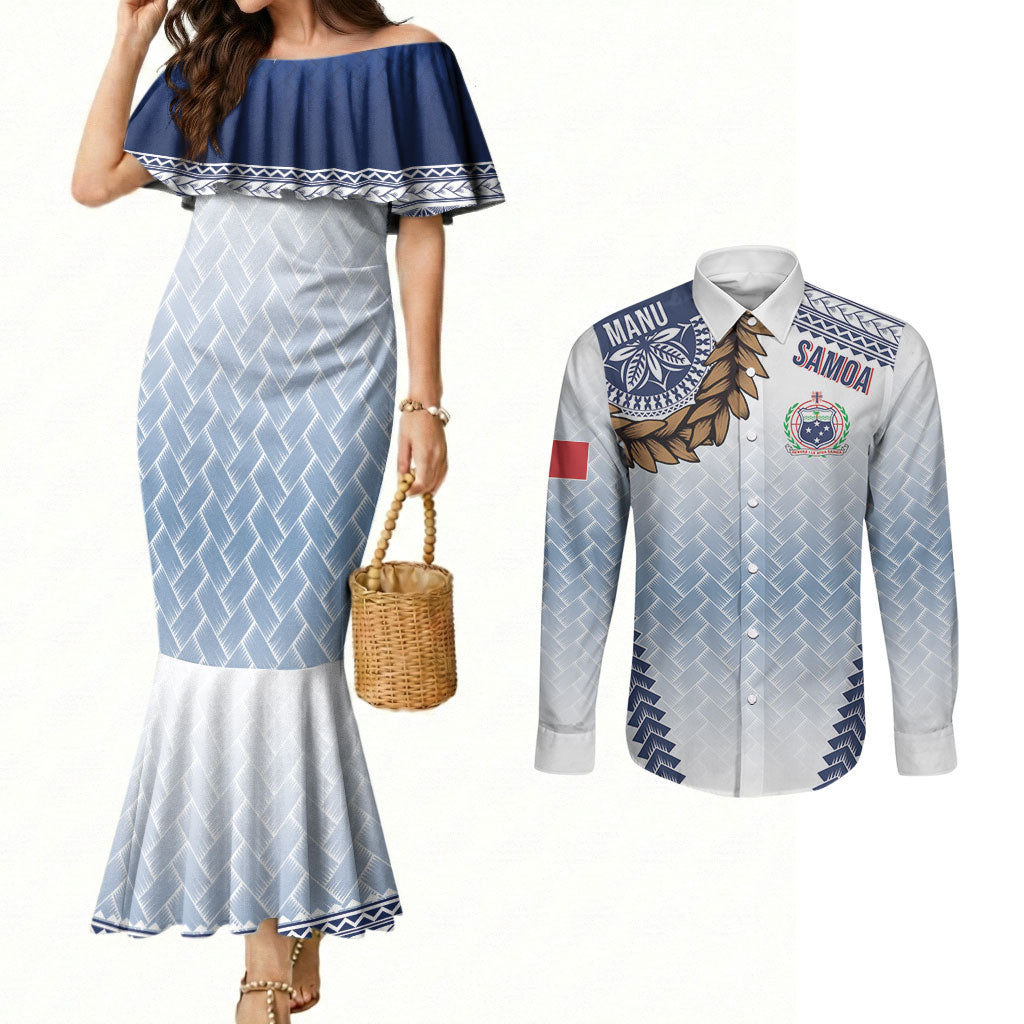 Manu Samoa Rugby Custom White Couples Matching Mermaid Dress and Long Sleeve Button Shirt ʻIe Toga Pattern With Brown Ula fala LT7 White - Polynesian Pride