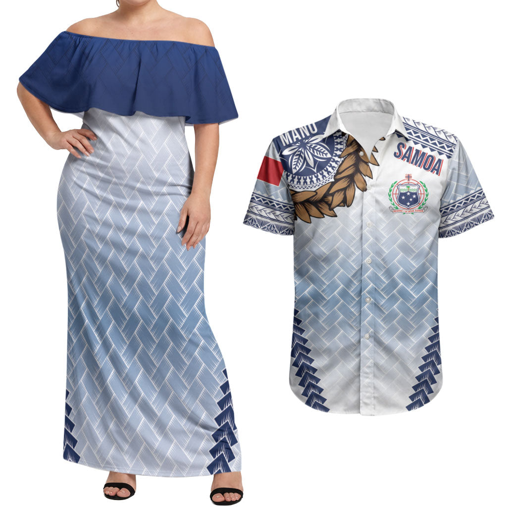 Manu Samoa Rugby Custom White Couples Matching Off Shoulder Maxi Dress and Hawaiian Shirt ʻIe Toga Pattern With Brown Ula fala LT7 White - Polynesian Pride