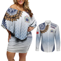 Manu Samoa Rugby Custom White Couples Matching Off Shoulder Short Dress and Long Sleeve Button Shirt ʻIe Toga Pattern With Brown Ula fala LT7 White - Polynesian Pride