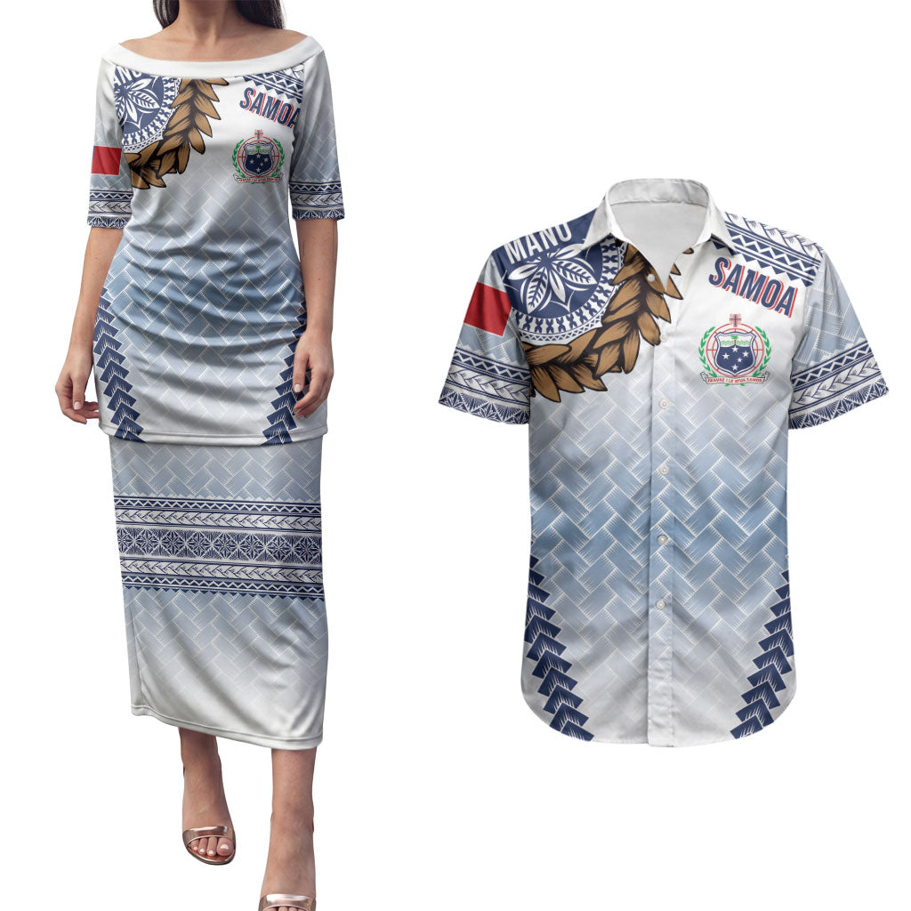 Manu Samoa Rugby Custom White Couples Matching Puletasi and Hawaiian Shirt ʻIe Toga Pattern With Brown Ula fala LT7 White - Polynesian Pride