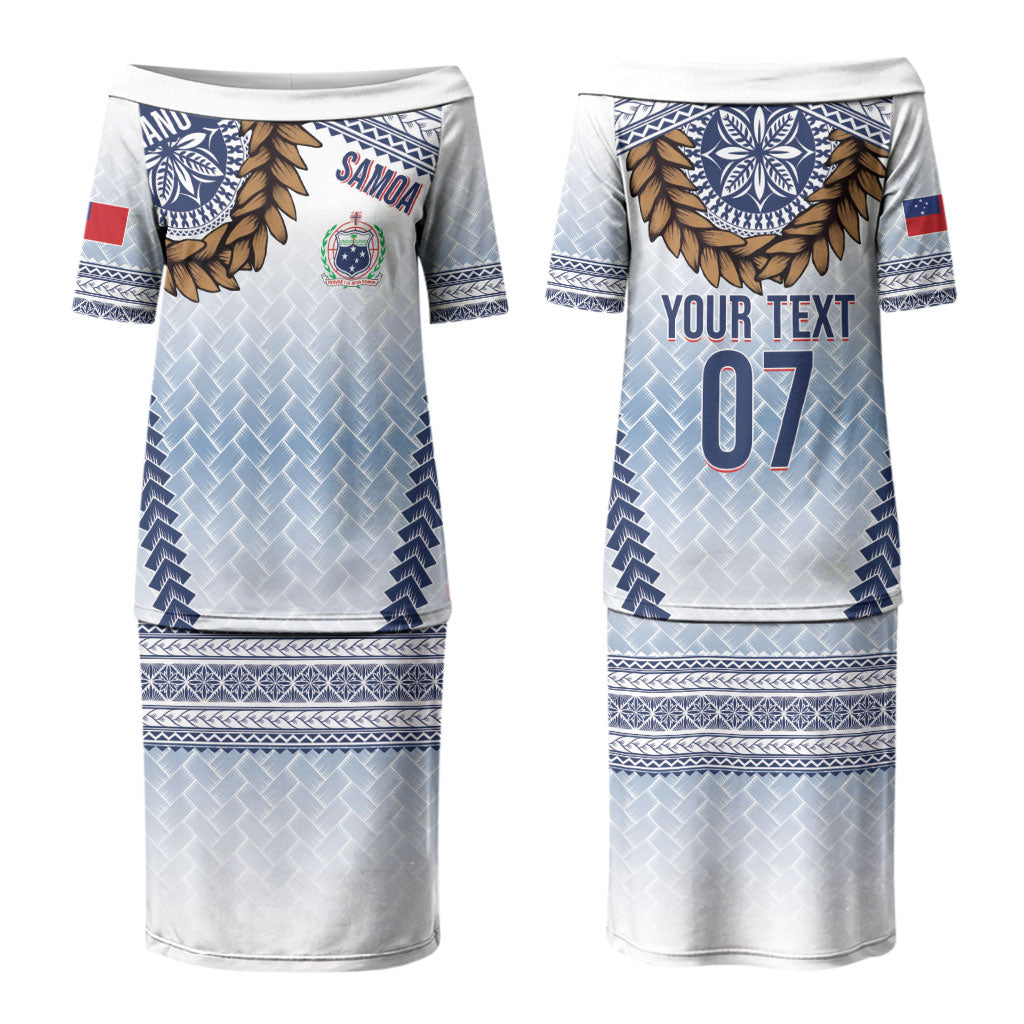 Manu Samoa Rugby Custom White Couples Matching Puletasi and Hawaiian Shirt ʻIe Toga Pattern With Brown Ula fala LT7 - Polynesian Pride