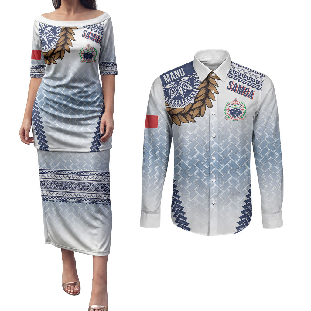 Manu Samoa Rugby Custom White Couples Matching Puletasi and Long Sleeve Button Shirt ʻIe Toga Pattern With Brown Ula fala LT7 White - Polynesian Pride