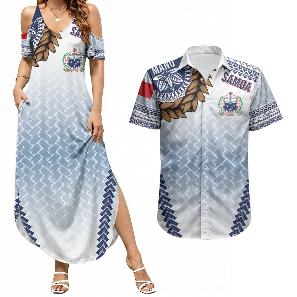 Manu Samoa Rugby Custom White Couples Matching Summer Maxi Dress and Hawaiian Shirt ʻIe Toga Pattern With Brown Ula fala LT7 White - Polynesian Pride