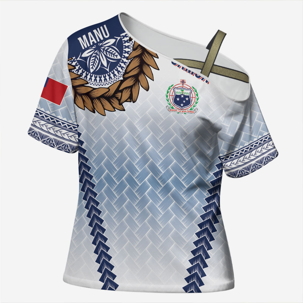 Manu Samoa Rugby Custom White Cross Shoulder Shirt ʻIe Toga Pattern With Brown Ula fala LT7 Female White - Polynesian Pride