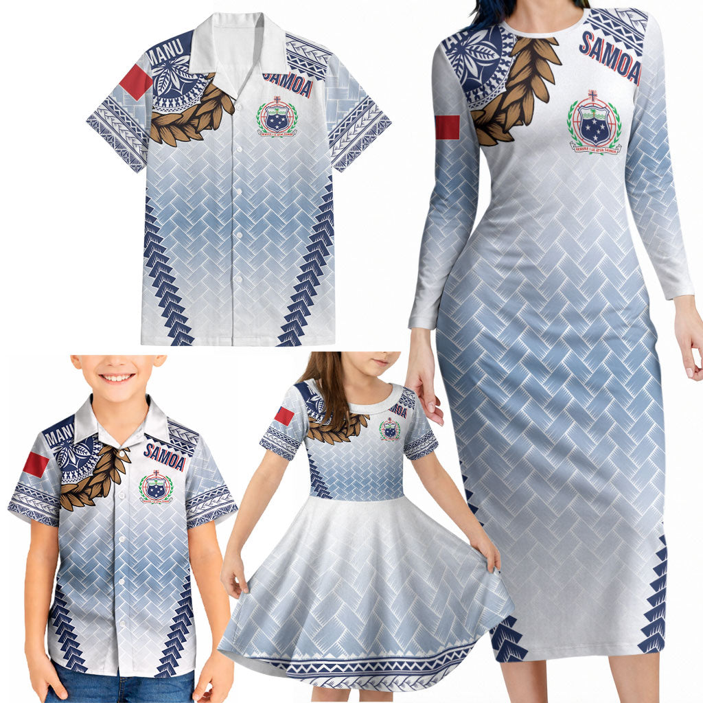 Manu Samoa Rugby Custom White Family Matching Long Sleeve Bodycon Dress and Hawaiian Shirt ʻIe Toga Pattern With Brown Ula fala LT7 - Polynesian Pride