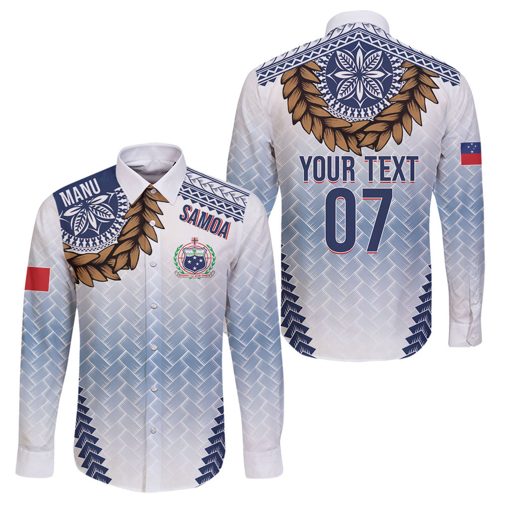 Manu Samoa Rugby Custom White Family Matching Mermaid Dress and Hawaiian Shirt ʻIe Toga Pattern With Brown Ula fala LT7 Dad's Shirt - Long Sleeve White - Polynesian Pride