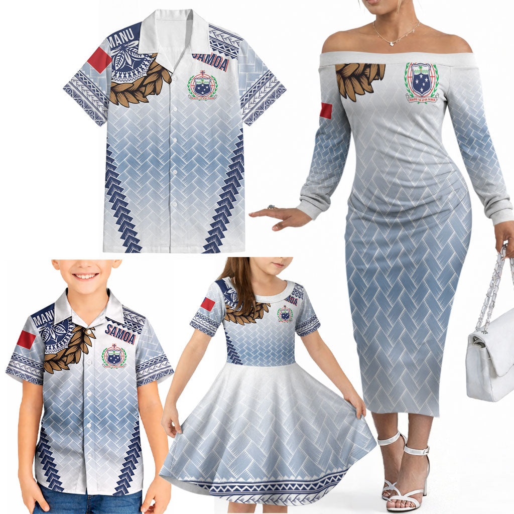 Manu Samoa Rugby Custom White Family Matching Off The Shoulder Long Sleeve Dress and Hawaiian Shirt ʻIe Toga Pattern With Brown Ula fala LT7 - Polynesian Pride