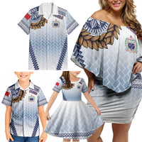 Manu Samoa Rugby Custom White Family Matching Off Shoulder Short Dress and Hawaiian Shirt ʻIe Toga Pattern With Brown Ula fala LT7 - Polynesian Pride