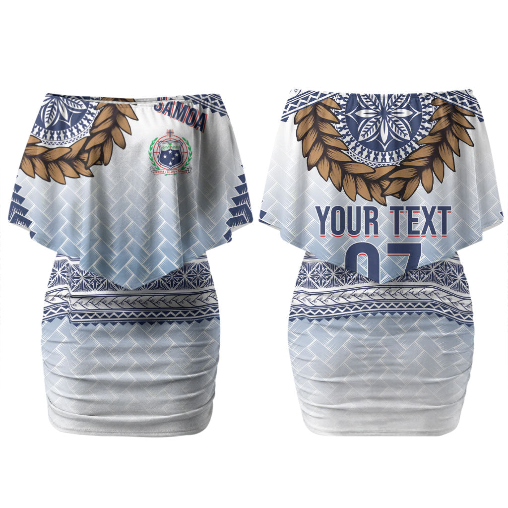 Manu Samoa Rugby Custom White Family Matching Off Shoulder Short Dress and Hawaiian Shirt ʻIe Toga Pattern With Brown Ula fala LT7 Mom's Dress White - Polynesian Pride