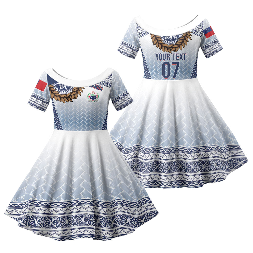 Manu Samoa Rugby Custom White Family Matching Off Shoulder Short Dress and Hawaiian Shirt ʻIe Toga Pattern With Brown Ula fala LT7 Daughter's Dress White - Polynesian Pride